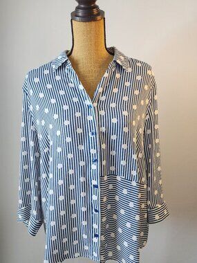 Chico’s Size 3 Blue White Striped Polka Dot Button Down Blouse XL
